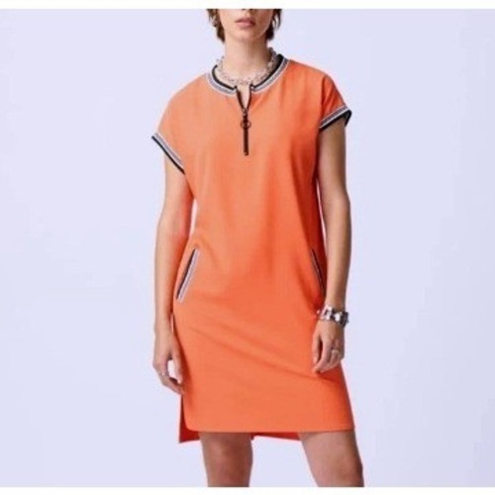 Joseph Ribkoff Orange Zip‎ Front Sporty Shift Dress Striped Trim Sz 8 Luxury - Picture 8 of 8
